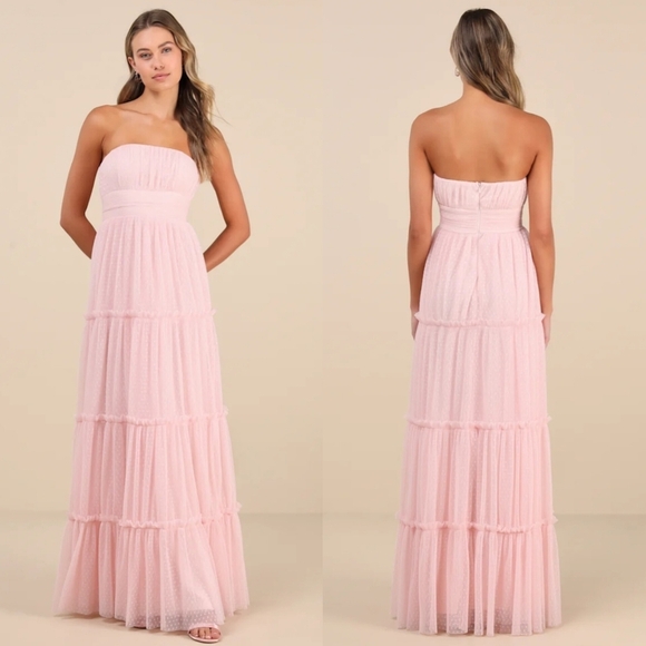 Lulus Sweetness Light Pink Mesh Swiss Dot Tiered Maxi Dress M Wedding Party - Picture 1 of 9